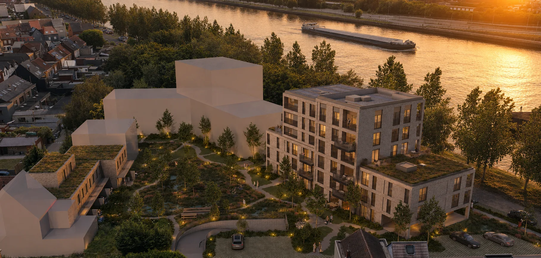 Volledig vogelperspectief van Residentie Waterkant en de vastgelegde toekomstige bouwvolumes binnen het masterplan
